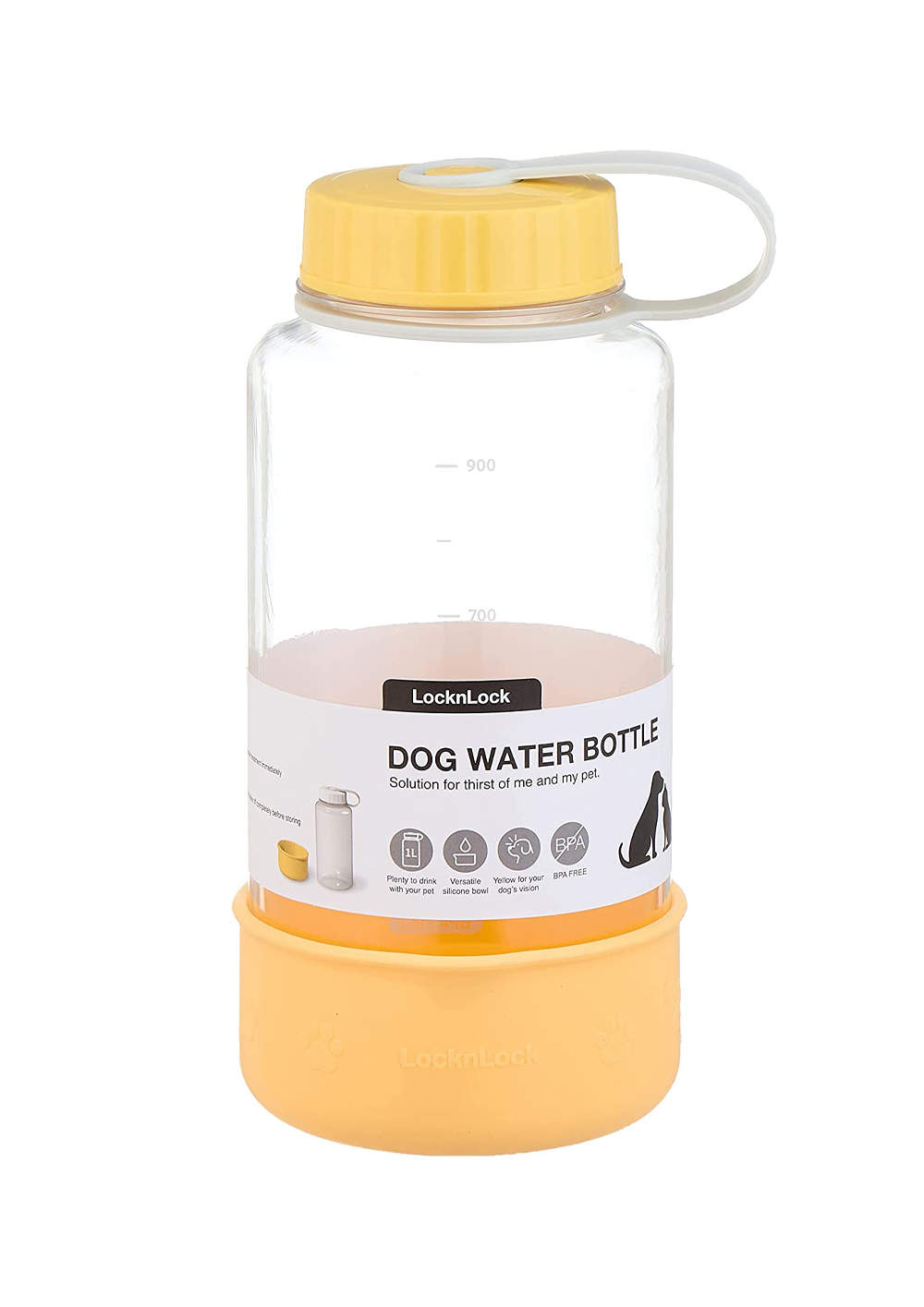 LocknLock Dog Water Bottle 1L Yellow Lid with Yellow Silicone bowl