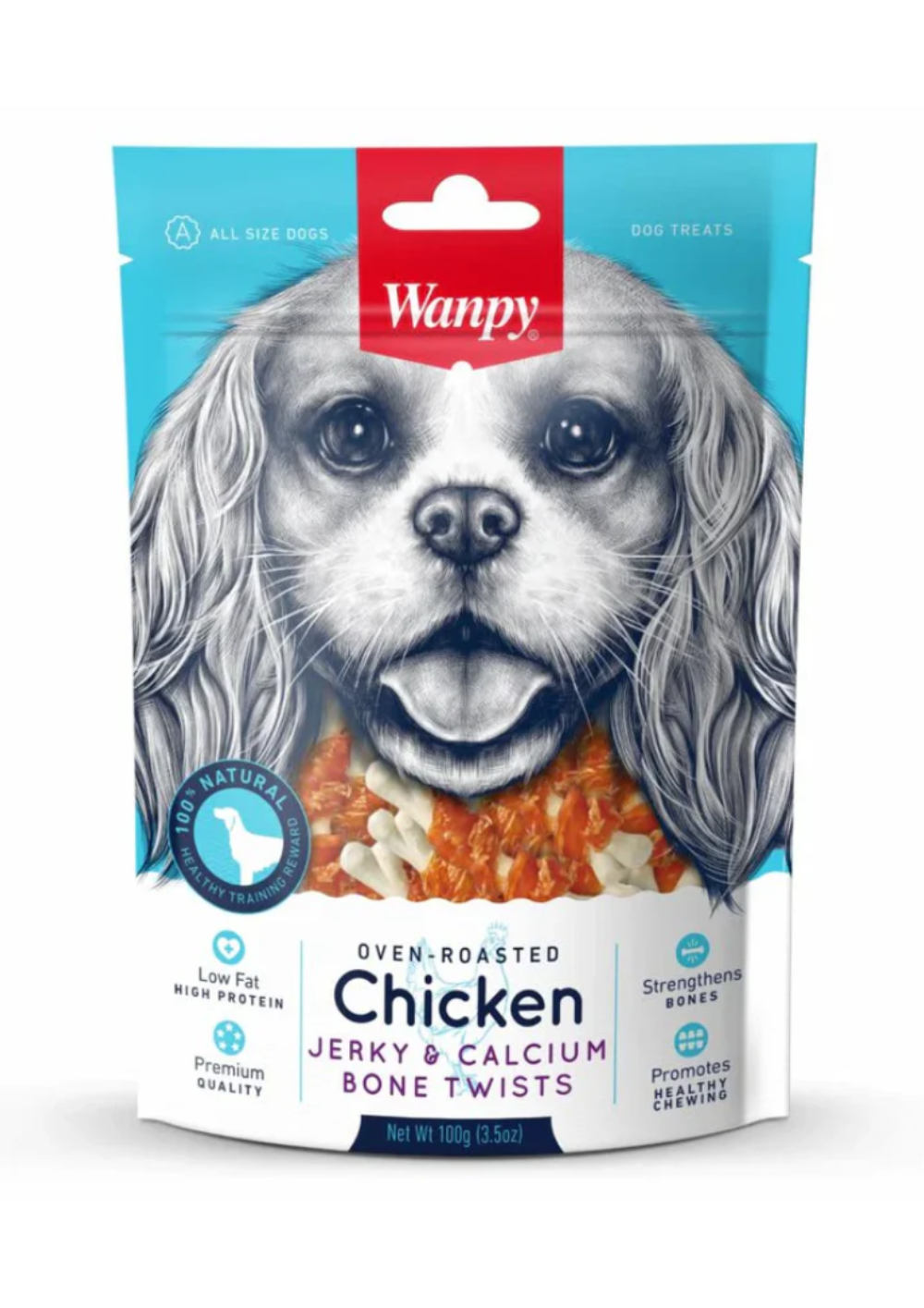templet (7) Wanpy Oven Roasted Chicken Jerky & Calcium Bone Twists 100g - Image 1